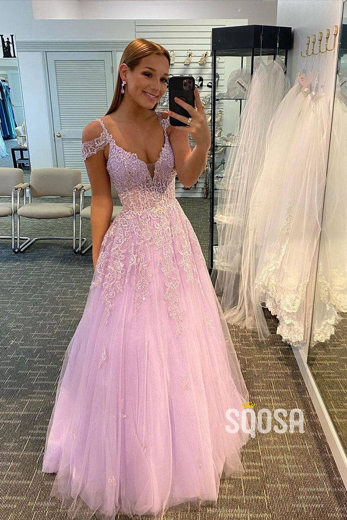 Plunging V-neck Tulle Appliques Long Prom Dress QP2998|SQOSA