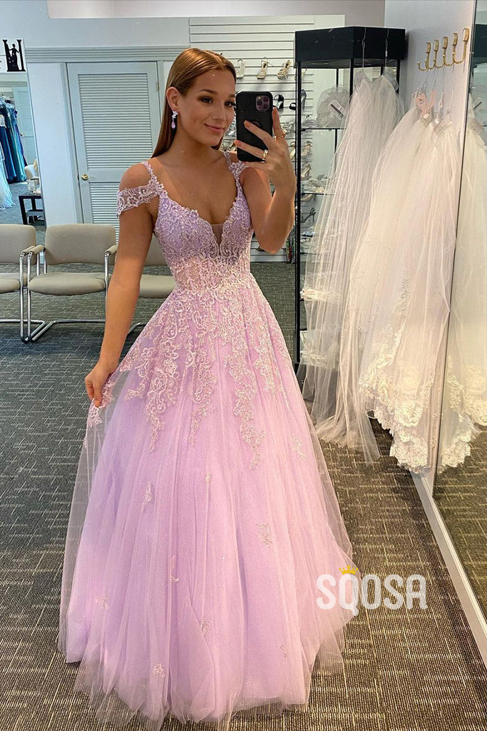 Plunging V-neck Tulle Appliques Long Prom Dress QP2998|SQOSA