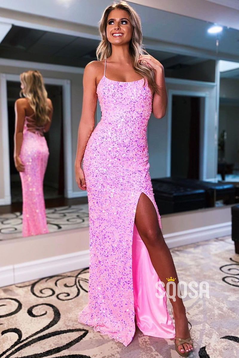 Women's Spaghetti Straps Slit Sequins Prom Dress Glitter QP2517
