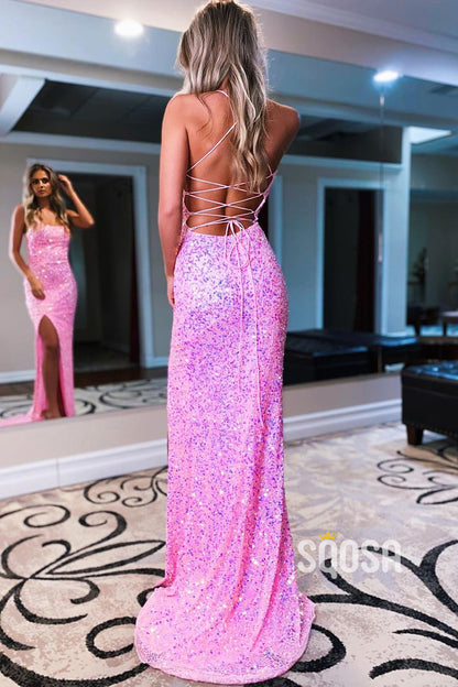 Women's Spaghetti Straps Slit Sequins Prom Dress Glitter QP2517