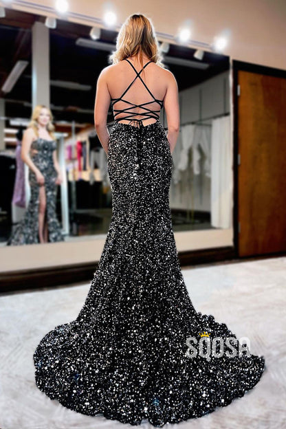 Women's Spaghetti Straps Black Sequins Sparkly Prom Dress QP2707