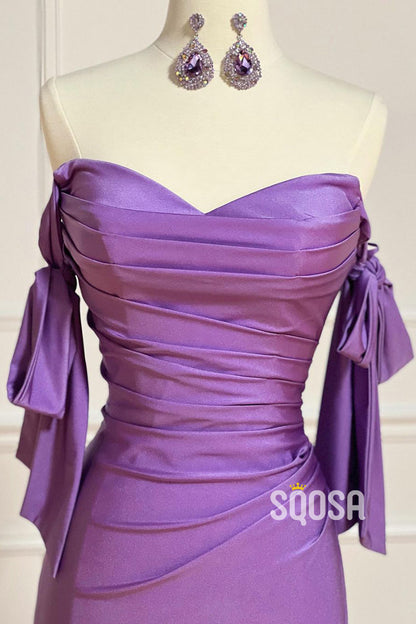 Off Shoulder Pleats Purple Prom Dress with Slit QP2711|SQOSA