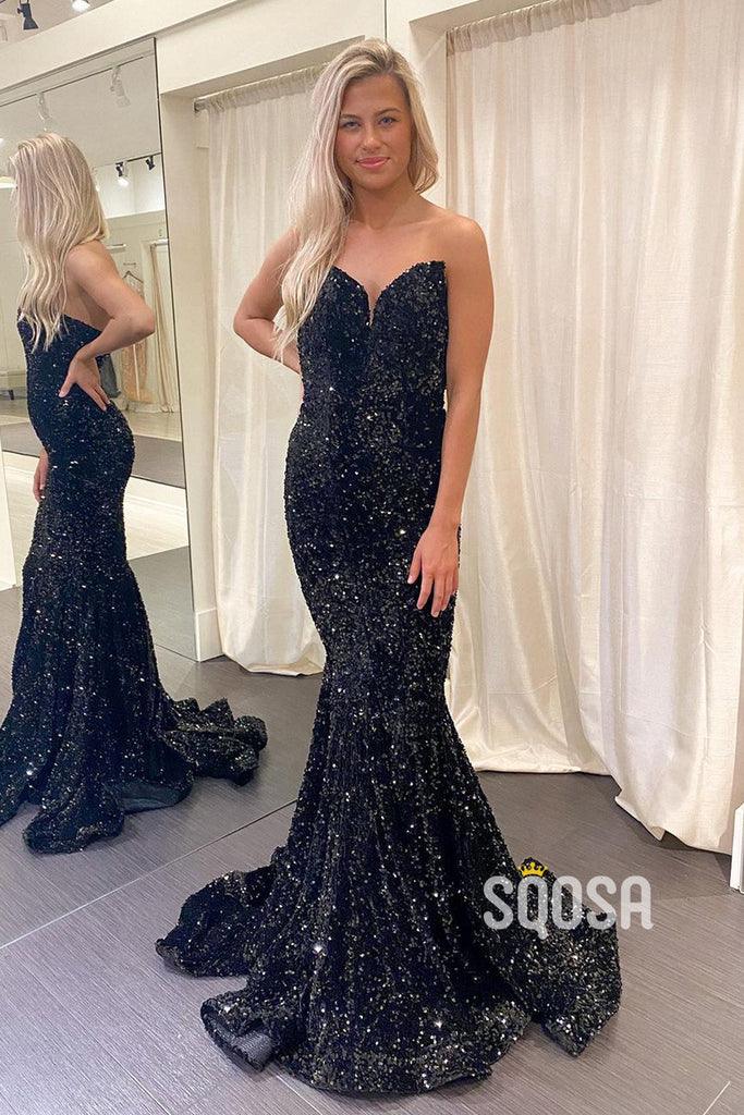 Sexy V-Neck Black Sequins Sparkly Prom Dress QP2781|SQOSA