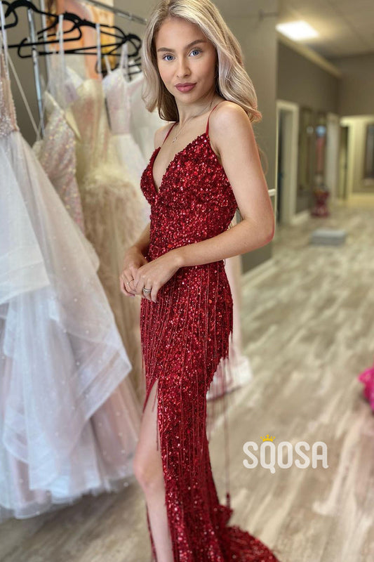 Women's Spaghetti Straps V-Neck Sequins Burgundy Prom Dress Glitter QO2782|SQOSA