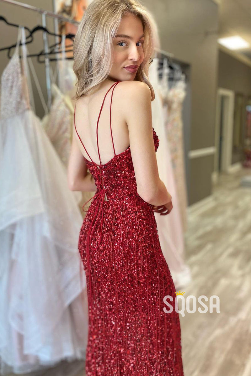 Women's Spaghetti Straps V-Neck Sequins Burgundy Prom Dress Glitter QO2782|SQOSA