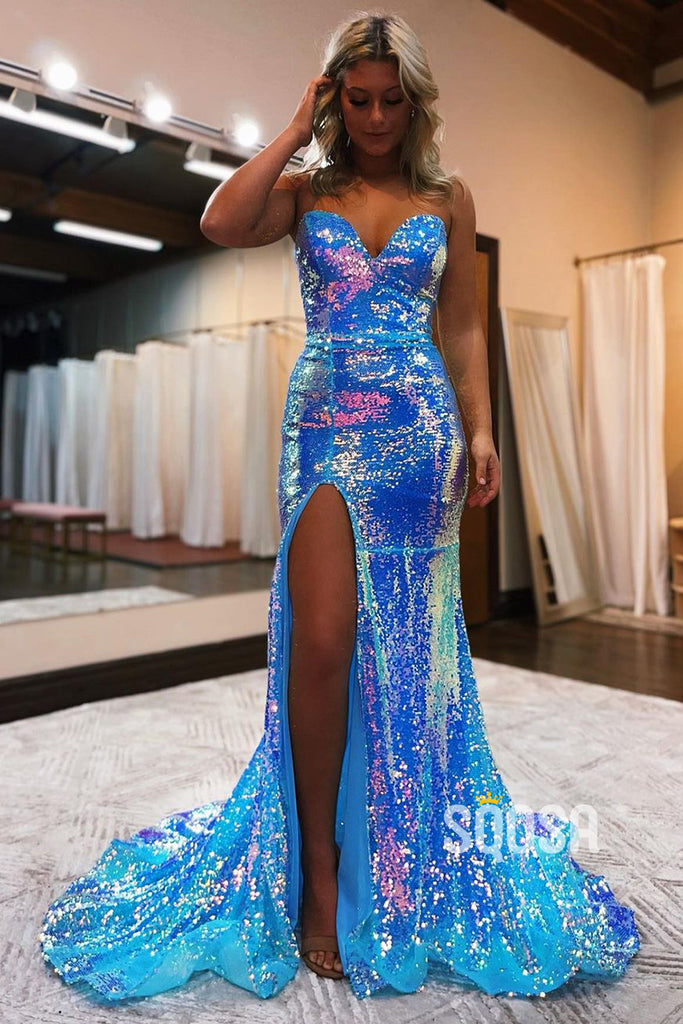 Sexy V-Neck Sequins Sparkly Prom Dress with Slit QP2868|SQOSA
