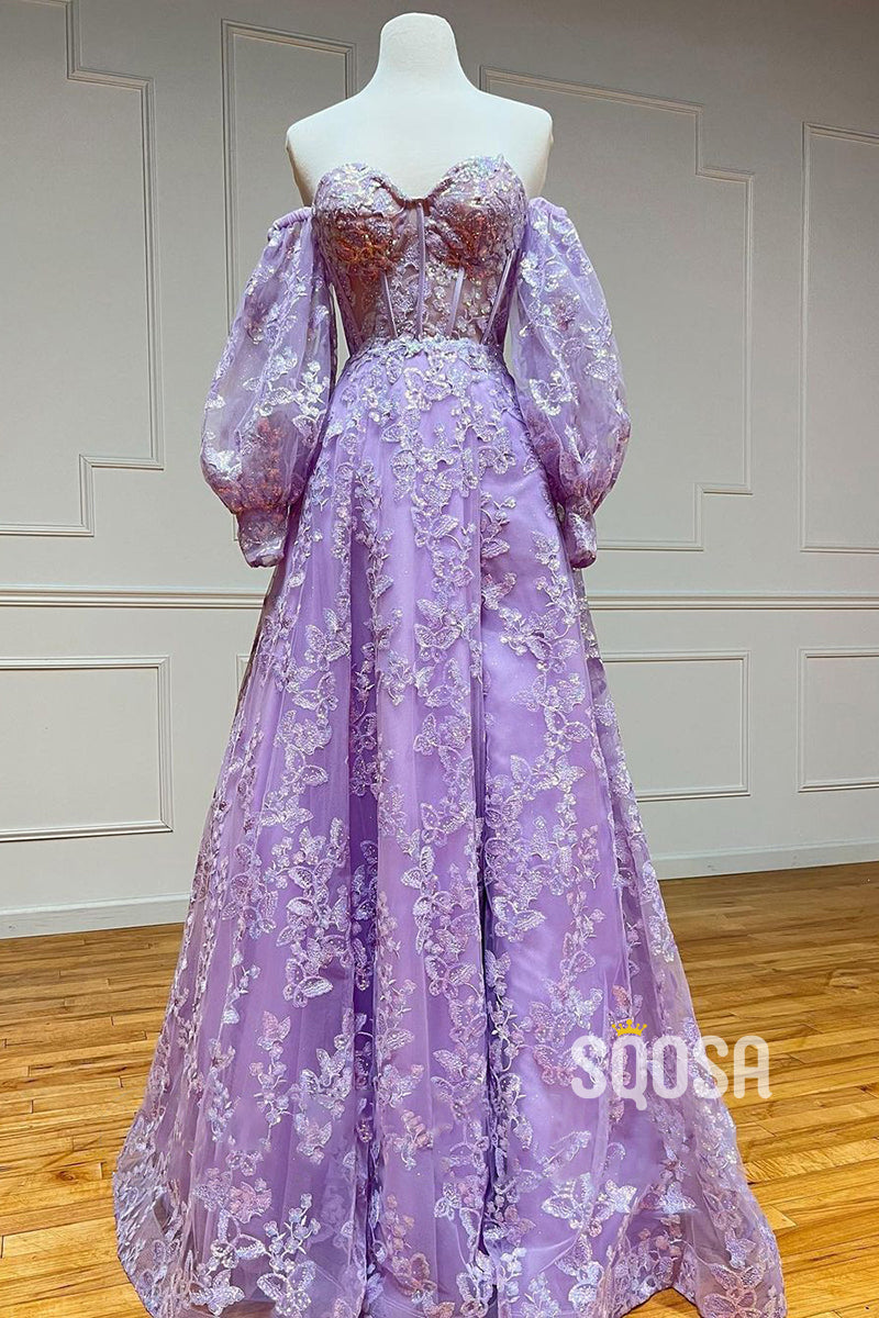 A-line Sweetheart Exquisite Lace Prom Dress with Sleeves QP2882|SQOSA