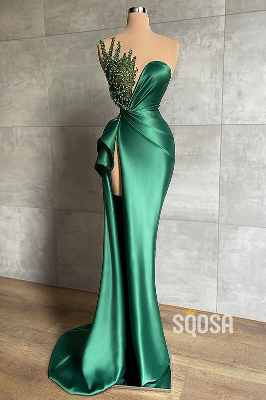 Sheath/Column Evening Dress Green Lace V-neck Long Prom Dress QP1378