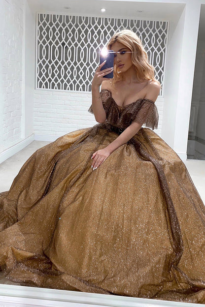 Off the Shoulder Tulle Long Sparkly Prom Dress QP0819