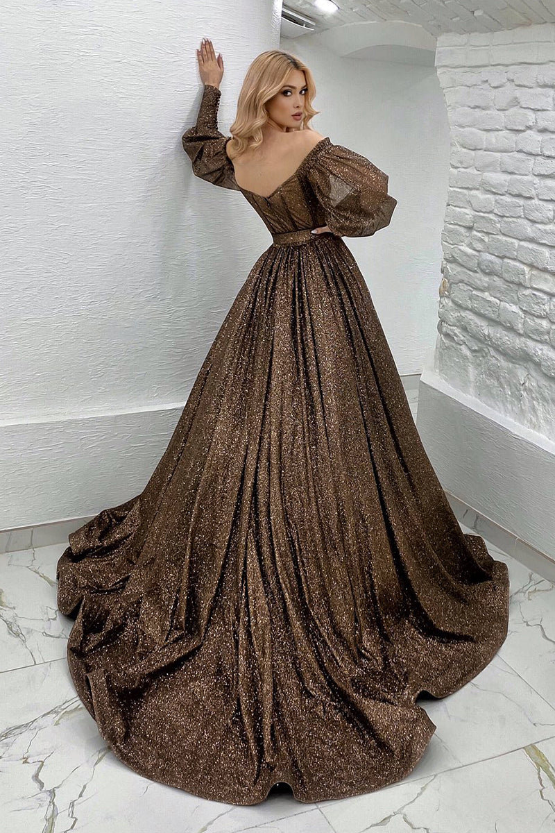 A-line Off the Shoulder Long Sleeves Prom Dress Glitter QP0826