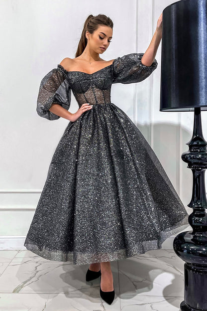 Off the Shoulder Half Sleeves Black Sparkly Prom Pageant Dress QP0837