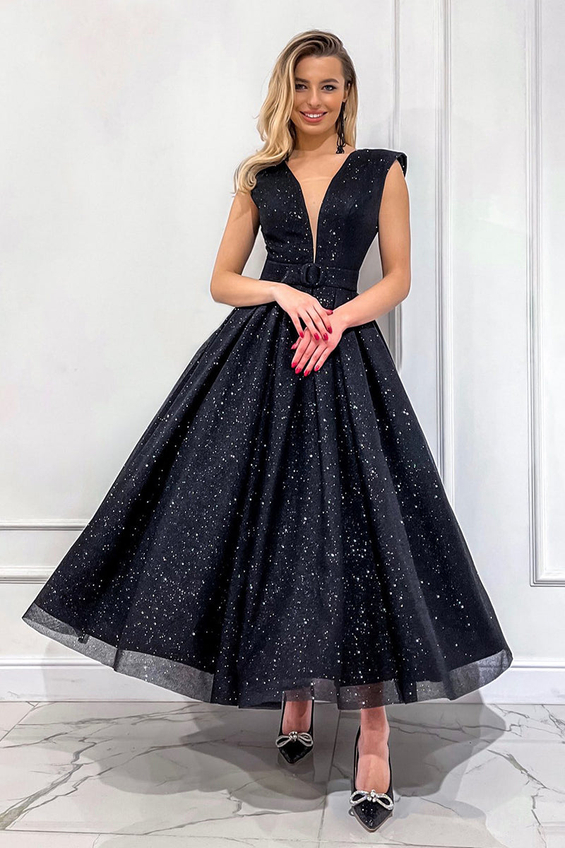 Attractive V-Neck Tulle Black Vintage Prom Dress Glitter QP0838