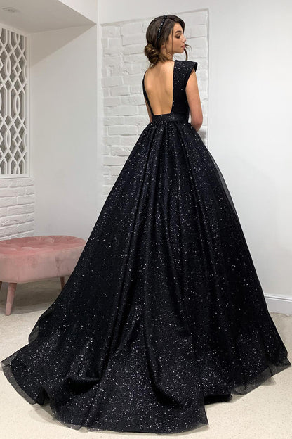 Plunging V-Neck Black Sparkly Prom Dress QP0839