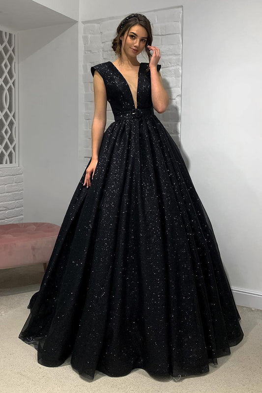 Plunging V-Neck Black Sparkly Prom Dress QP0839