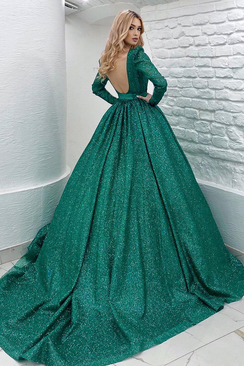 Unique Jewel Long Sleeves Green Prom Dress Glitter QP0842