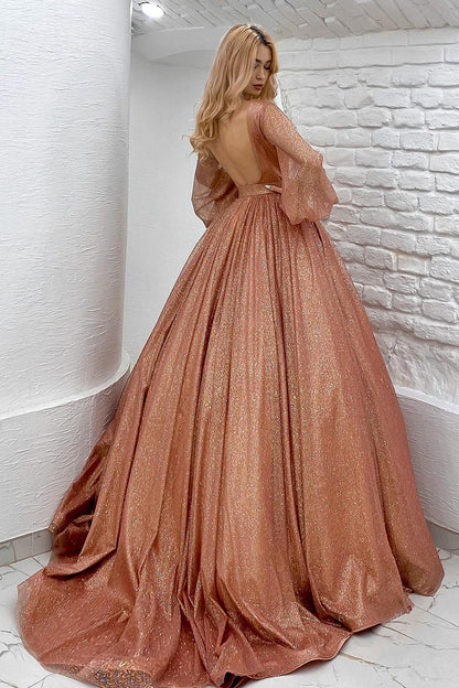 Attractive V-Neck Long Sleeves Sparkly Prom Dress with Pockets QP0844