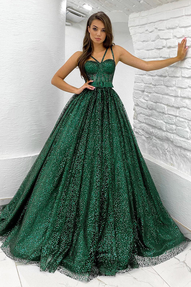 Spaghetti Straps A-line Sparkly Prom Dress with Pockets QP0846