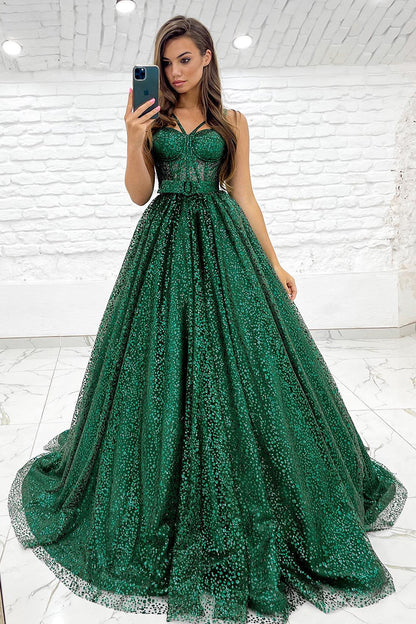 Spaghetti Straps A-line Sparkly Prom Dress with Pockets QP0846
