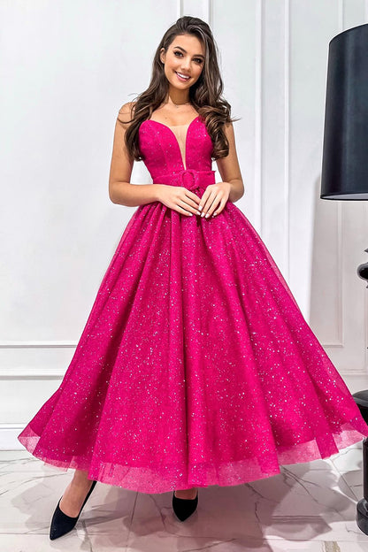 Plunging V-Neck Fuchsia Vintage Prom Dress Glitter QP0849