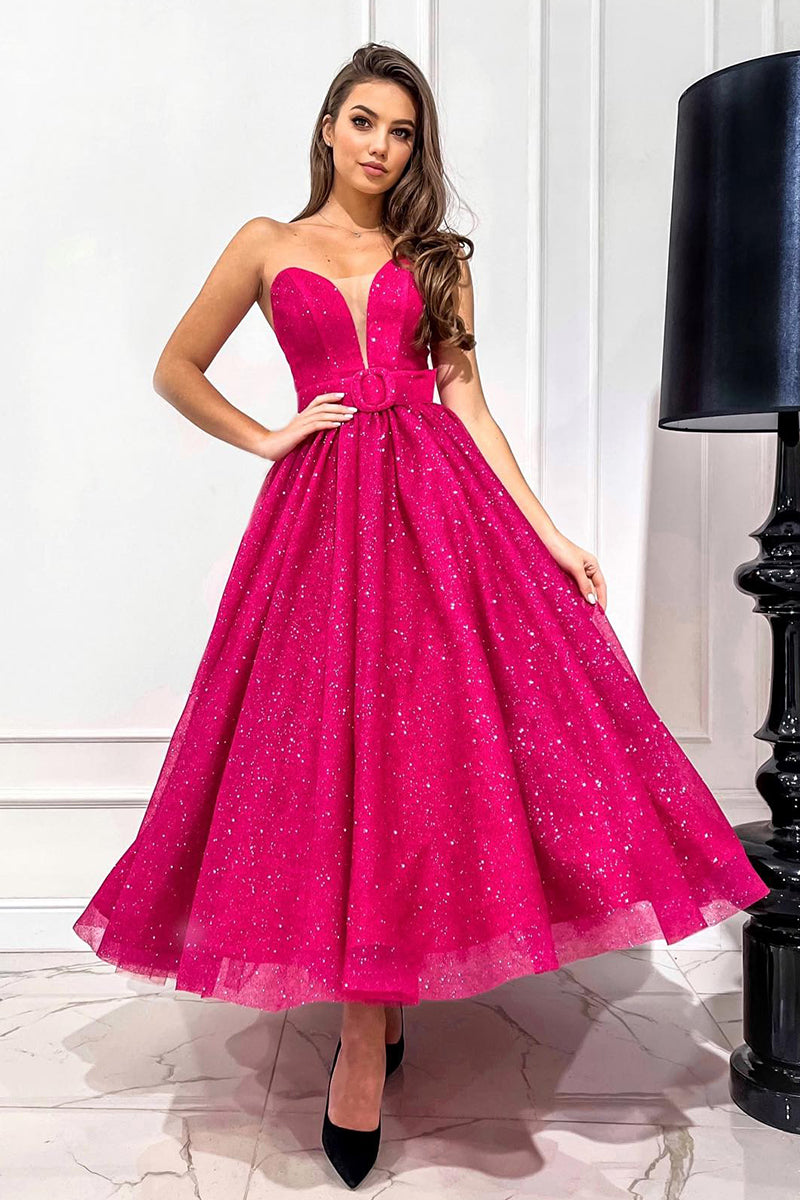 Plunging V-Neck Fuchsia Vintage Prom Dress Glitter QP0849