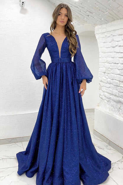 Plunging V-Neck Long Sleeves A-line Sparkly Prom Dress QP0850