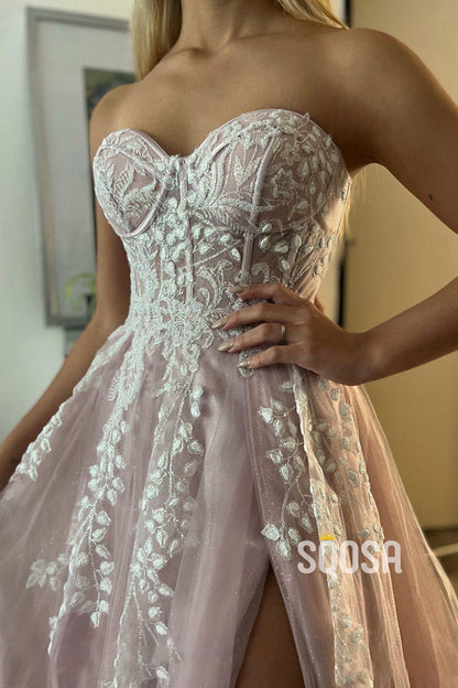 A-line Sweetheart Lace Appliques Pink Long Prom Dress QP0853