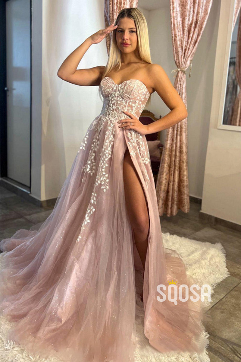 A-line Sweetheart Lace Appliques Pink Long Prom Dress QP0853