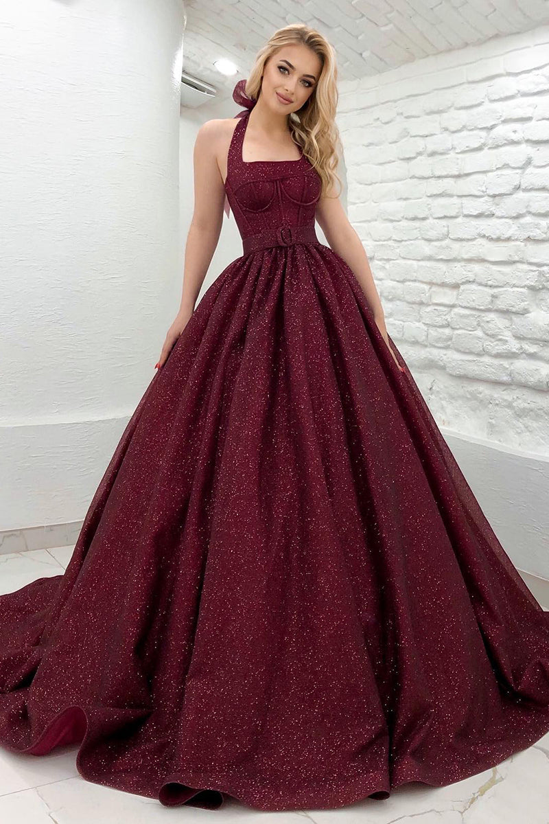 Unique Halter Burgunyd Long Prom Dress Glitter QP0857