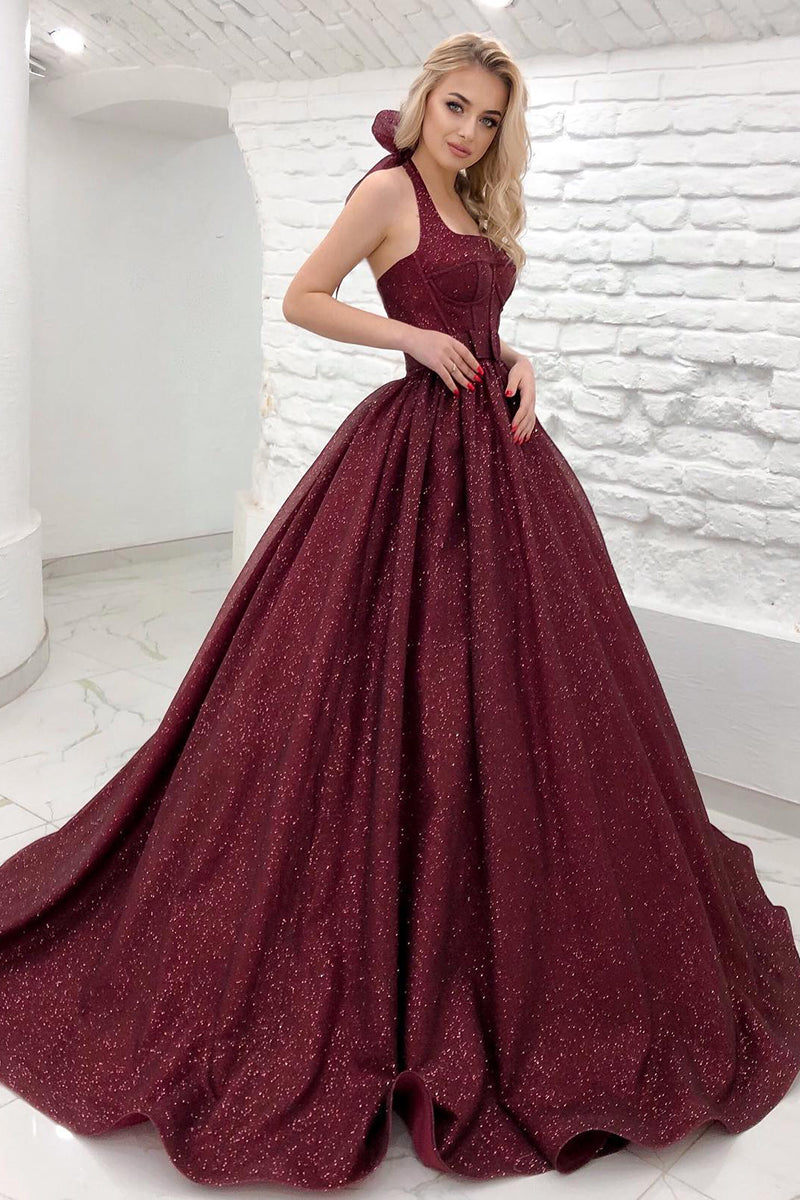 Unique Halter Burgunyd Long Prom Dress Glitter QP0857