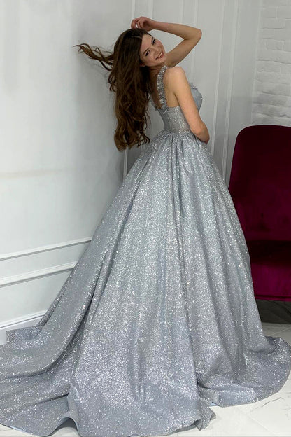 Sexy V-Neck Silver Sparkly Prom Ball Gown QP0860