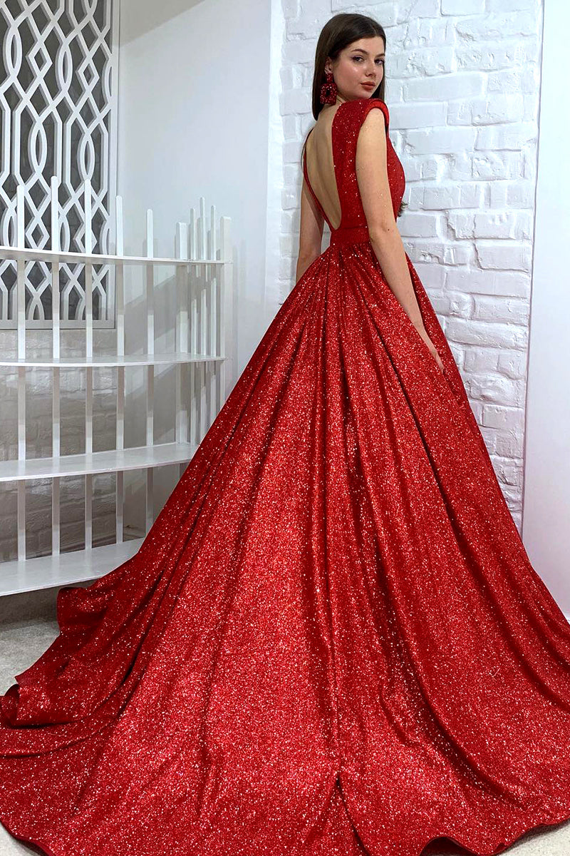 Attractive V-neck Red Sparkly Prom Ball Gown QP0861