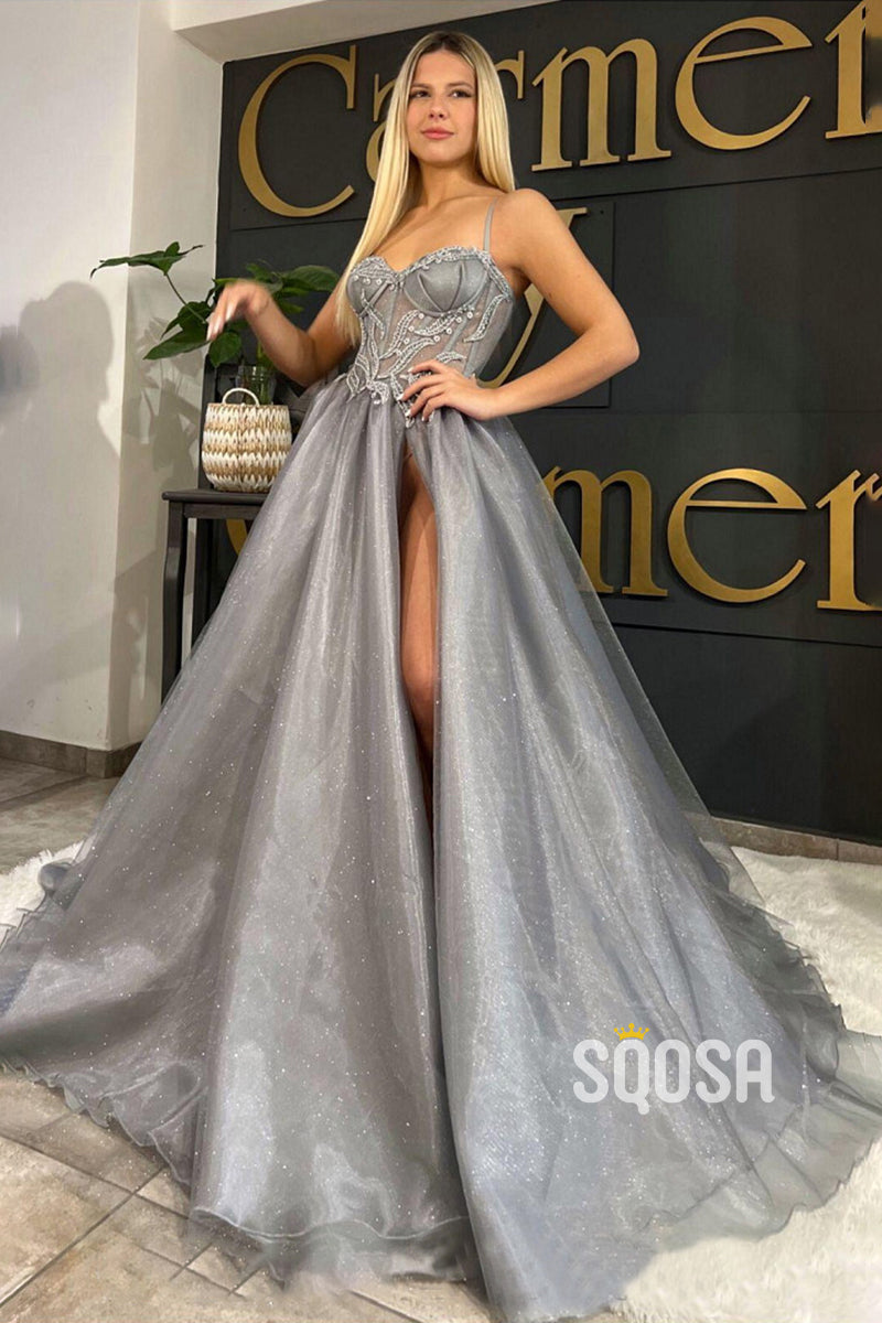 A-line Sweetheart Lace Appliques Silver Long Prom Dress with Slit QP0873