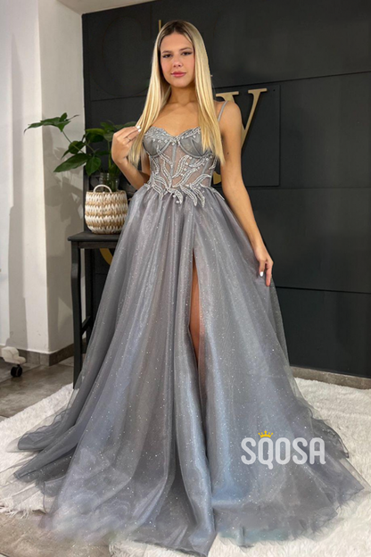 A-line Sweetheart Lace Appliques Silver Long Prom Dress with Slit QP0873