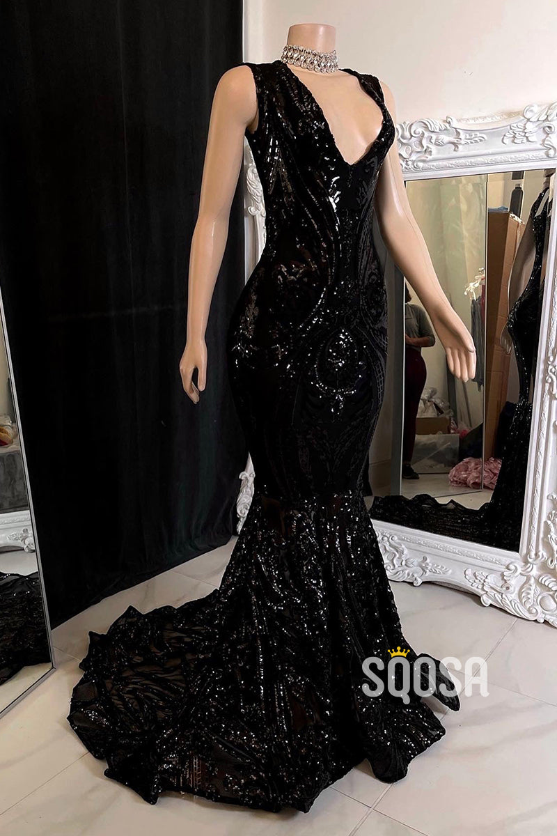 Sexy V-Neck Sequins Appliques Mermaid Prom Dress Black Girl for Slay QP0874
