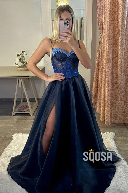 A-line Spaghetti Straps Lace Appliques Sparkly Prom Dress Long QP0875