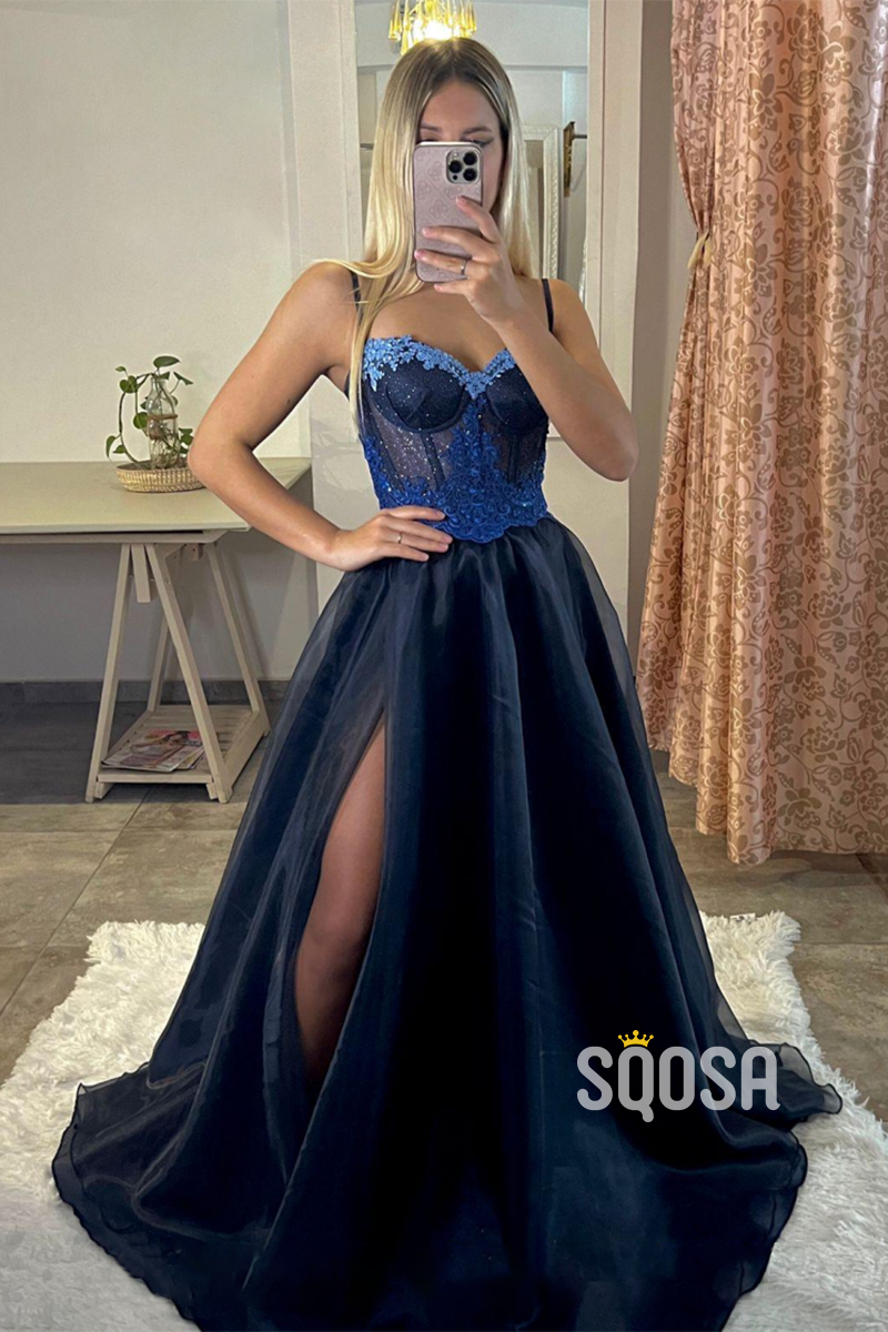 A-line Spaghetti Straps Lace Appliques Sparkly Prom Dress Long QP0875