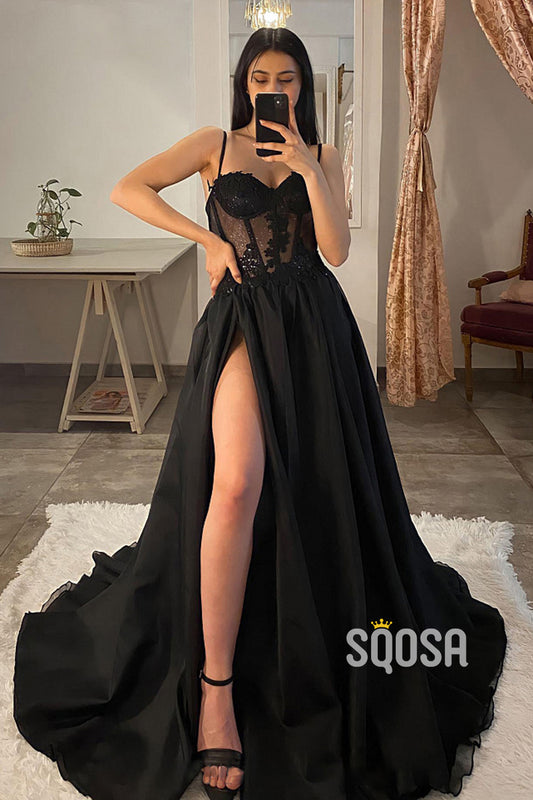 A-line Sweetheart Lace Appliques Black Long Prom Dress QP0877