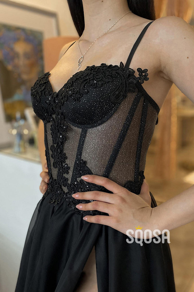 A-line Sweetheart Lace Appliques Black Long Prom Dress QP0877