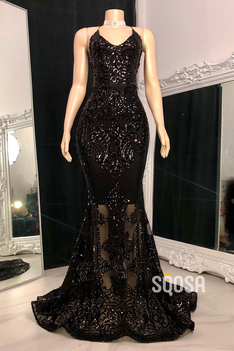Spaghetti Straps Sequins Appliques Burgundy Mermaid Prom Dress Black Girl Slay QP0891