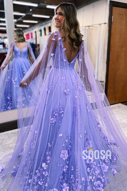 Plunging V-Neck 3D Appliques Sparkly Prom Dress Long QP0907