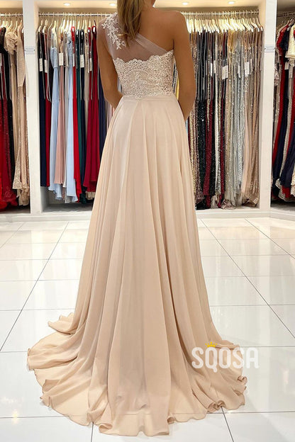 Chic One Shoulder Lace Appliques Chiffon Champagne Formal Evening Dress with Slit QP0912