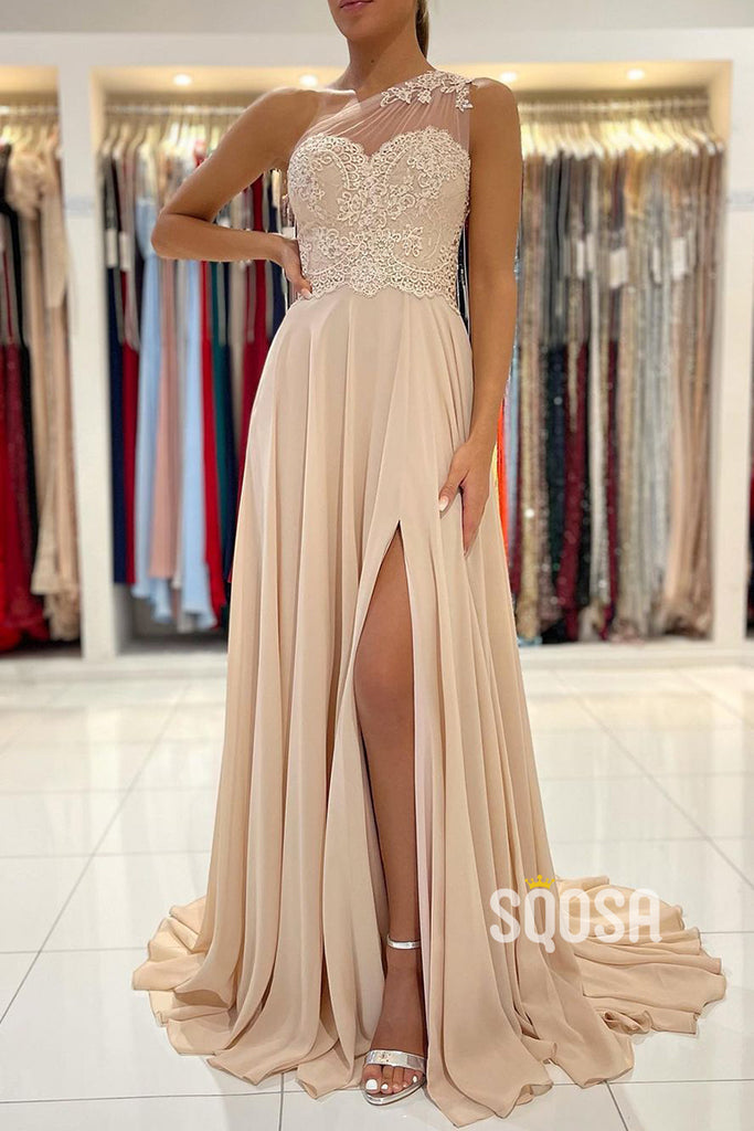 Chic One Shoulder Lace Appliques Chiffon Champagne Formal Evening Dress with Slit QP0912|SQOSA
