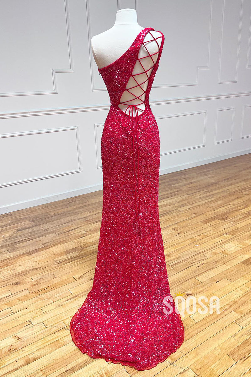 Unique One Shoulder Sequins Sparkly Prom Dress QP0917