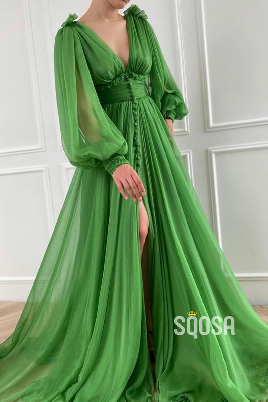 Attractive Deep V-Neck Green Tulle Long Sleeves A-line Formal Evening Dress QP0934|SQOSA