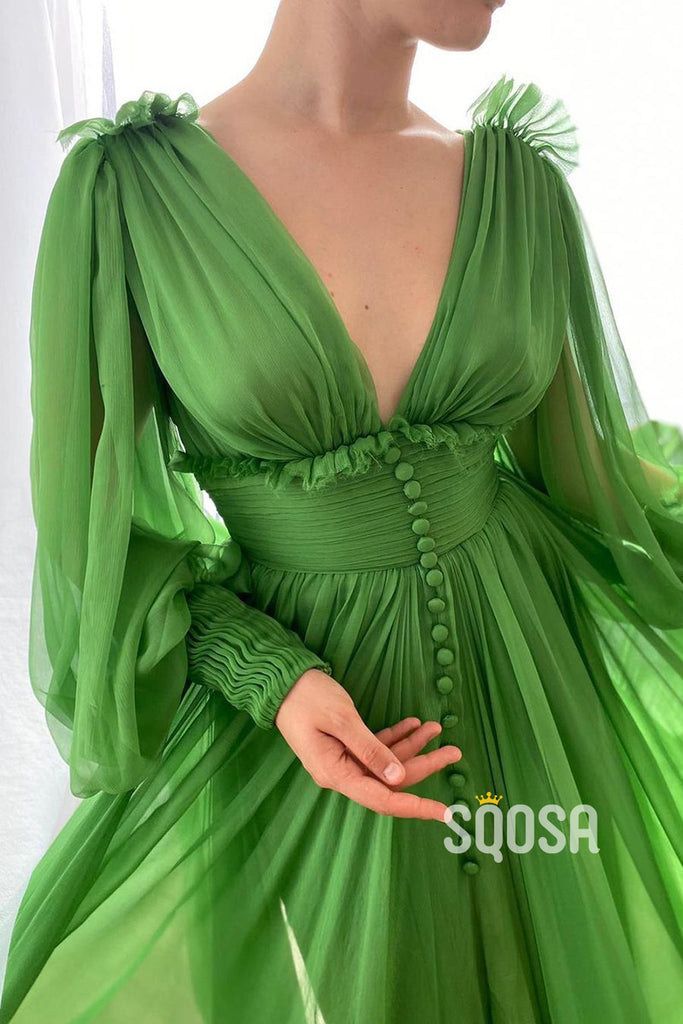 Attractive Deep V-Neck Green Tulle Long Sleeves A-line Formal Evening Dress QP0934|SQOSA