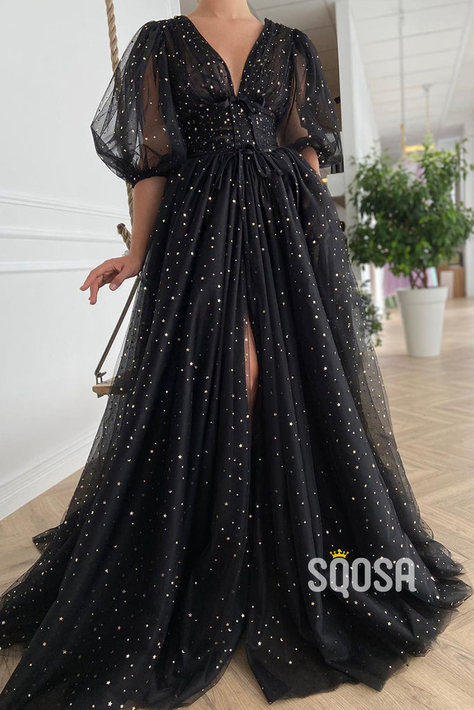 Sexy V-Neck Half Sleeves High Split Sparkly Prom Dress wirh Pockets QP0963|SQOSA