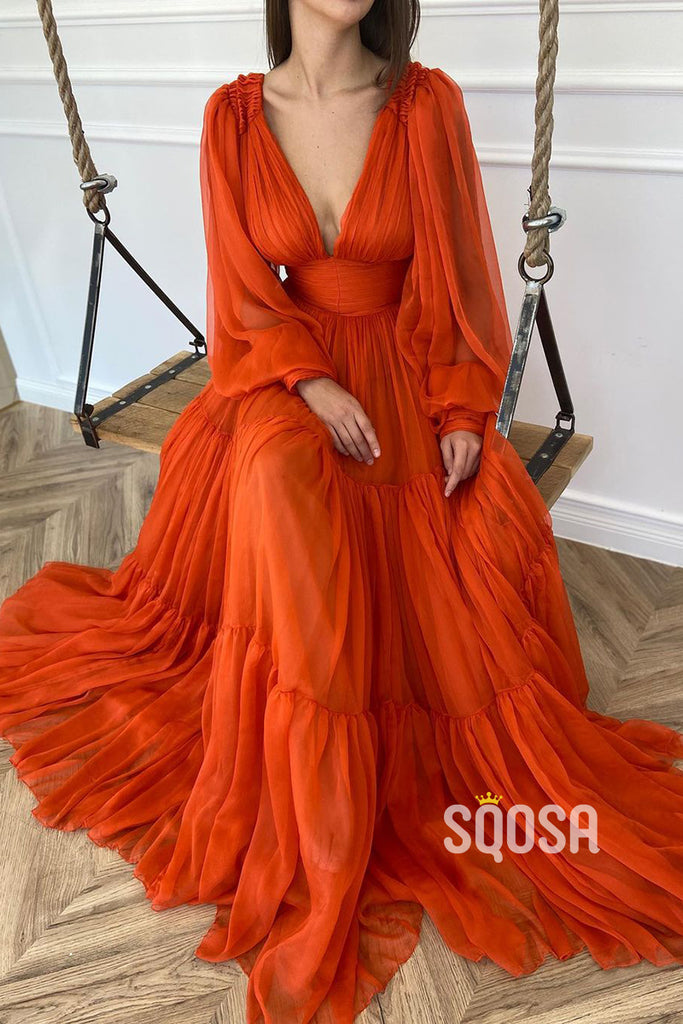Sexy Deep V-Neck Orange Tulle Long Sleeves A-line Formal Evening Dress QP0967|SQOSA