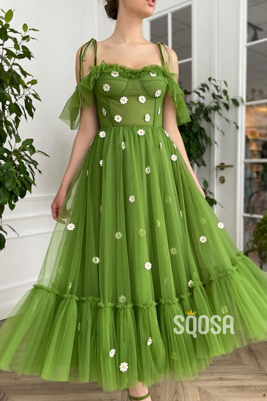 Spaghetti Straps Green Tulle Appliques Vintage Formal Evening Dress QP0969|SQOSA