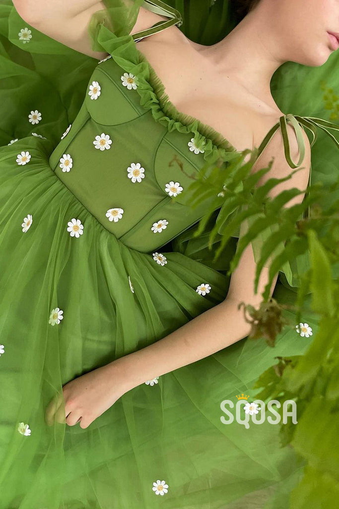 Spaghetti Straps Green Tulle Appliques Vintage Formal Evening Dress QP0969|SQOSA