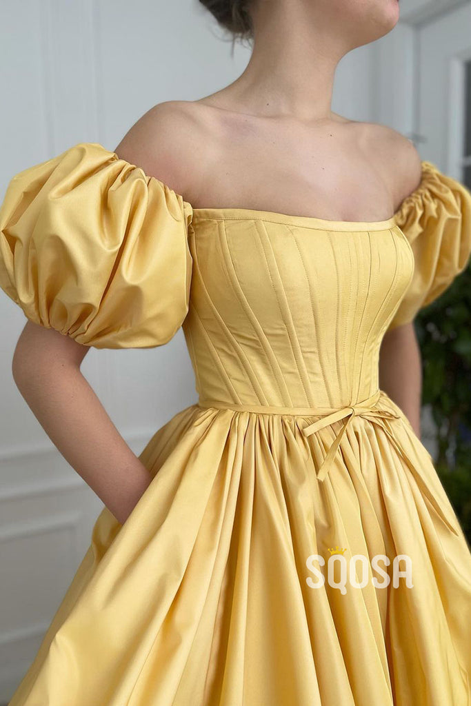 Strapless Short Sleeves Yellow Satin High Split Long Prom Dress with Pockets QP0970|SQOSA